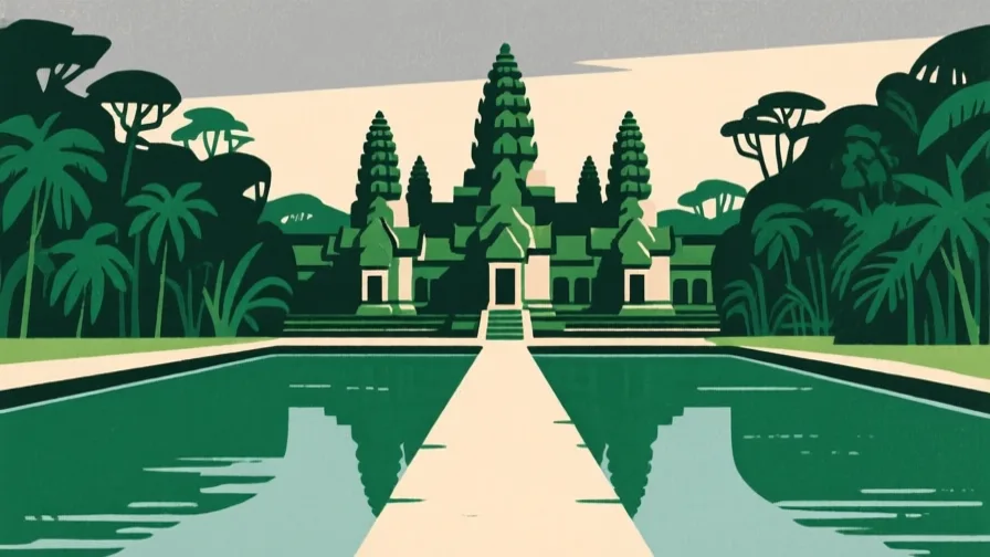 Stylised AI-generated illustration of Angkor; not a photograph of the site