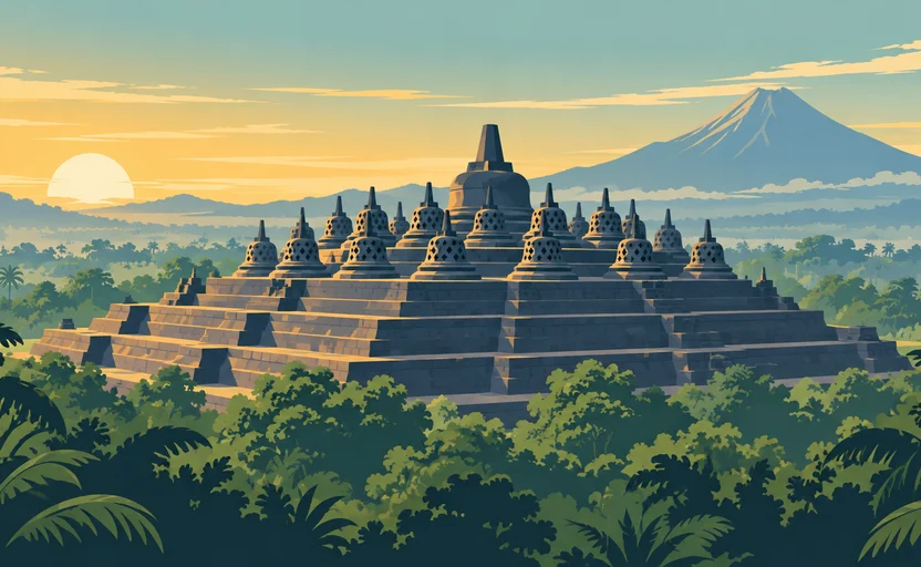Stylised AI-generated illustration of Borobudur; not a photograph of the site