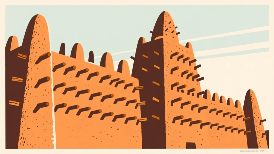 Stylised AI-generated illustration of Djenné; not a photograph of the site