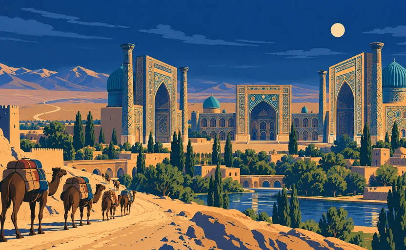 Stylised AI-generated illustration of Samarkand; not a photograph of the site