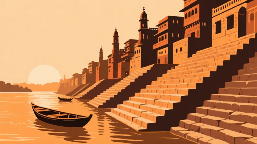 Stylised AI-generated illustration of Varanasi; not a photograph of the site