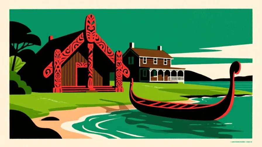 Stylised AI-generated illustration of Waitangi; not a photograph of the site