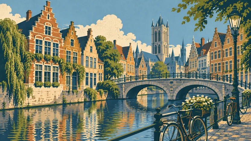 AI-generated artistic impression of Ghent, Belgium skyline; buildings and distances may be simplified