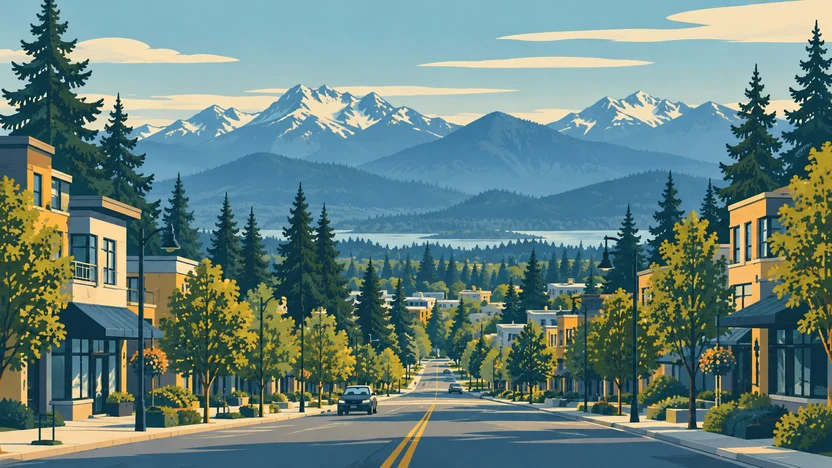 AI-generated artistic impression of Surrey BC, Canada skyline; buildings and distances may be simplified